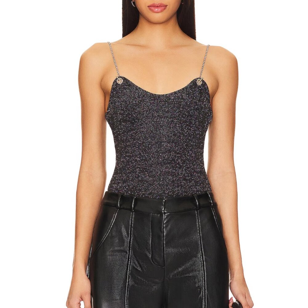 Superdown Metallic Chain Strap Bodysuit – Gunmetal Shimmer Top (Size S)